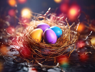 Fototapeta na wymiar beautiful easter background with colored eggs in a nest. volumetric light, copy space. holiday lights