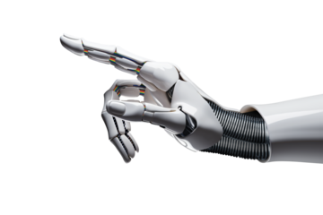  White cyborg robotic hand pointing his finger - 3D rendering isolated on free PNG background.