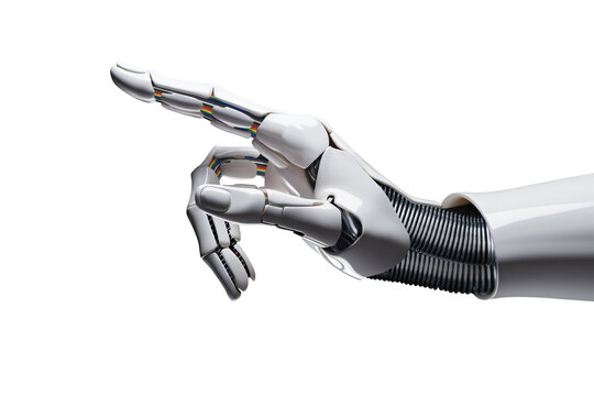  White cyborg robotic hand pointing his finger - 3D rendering isolated on free PNG background.