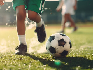 Obraz premium Close up of kids playing football on green pitch. Kids leg and soccer ball