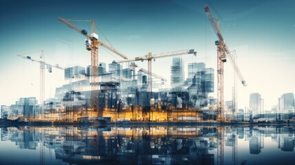 Multi exposure of industrial and building constuction city infrastructure background modern...