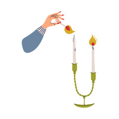 Person going to light candle with match. Human hand holding matchstick. Candles in modern candlestick. Hygge, concept of Scandinavian lifestyle. Flat style hand drawn vector illustration.