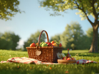sunlit picnic basket park with a wicker basket brimming