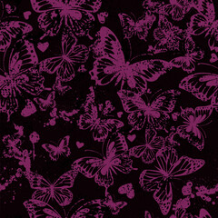 Seamless pattern purple and black butterflies. hand drawing. Not AI, Vector illustration
