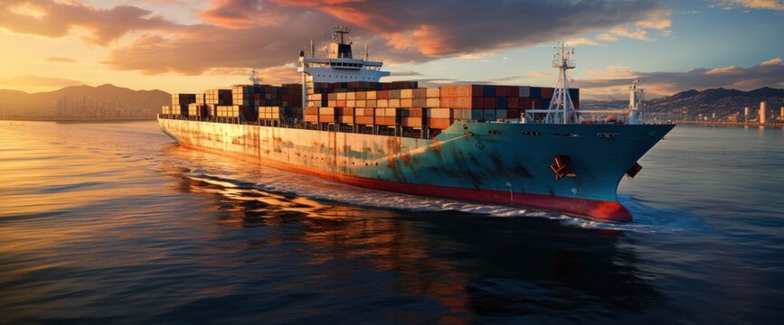 Container Cargo Ship Ocean Sunset Blue , Background Banner HD