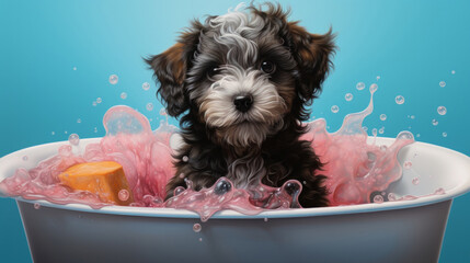 Puppy, bath and bubbly bliss for adorable cleanliness and joyful pampering. Wet fur, playful bubbles and gentle care. This scene is perfect for pet grooming services, care blogs and heartwarming visu