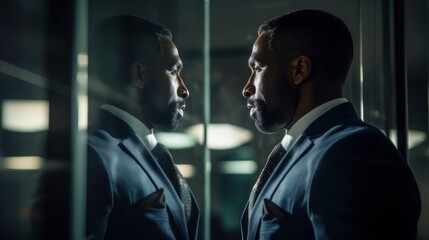 Man in Suit Looking into Mirror
