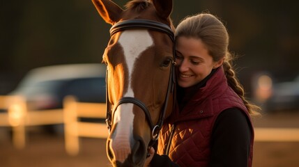 Fototapeta na wymiar Girl Tenderly Hugging Her Horse at Sunset