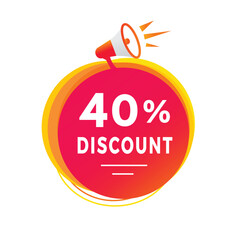 40 percent discount, label with megaphone. Banner discount promotion announcement for advertising, business. Modern vector template.