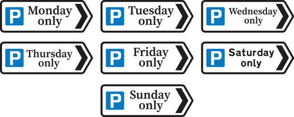 Direction to a car park, The Highway Code Traffic Sign, Signs giving orders, Signs with red circles are mostly prohibitive. Plates below signs qualify their message.