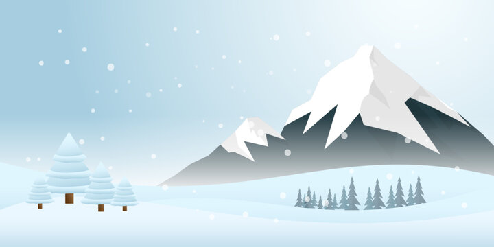 Winter season scenery landscape with snowy mountains, pines trees and hills, vector illustration