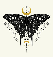 Vector illustration with black butterfly and moon phases. Boho art print. Modern poster. © Любовь Овсянникова