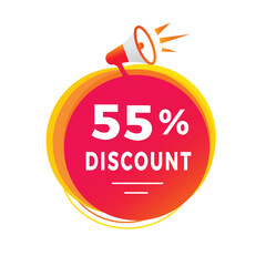 55 percent discount, label design with megaphone. Banner discount promotion announcement for advertising, business. Modern vector template.