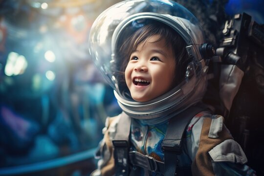 Portrait of little asian girl wearing astronaut helmet in the space