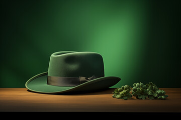  cinematic photo of a green Irish hat in a minimalistic setting, casting a shadow for added artistic effect, creating an appealing St. Patrick's Day photo with copy space