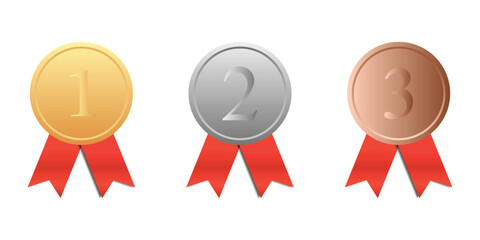 gold, silver and bronze medal with red ribbon, medal icon set for design, apps, website. vector in transparent background.