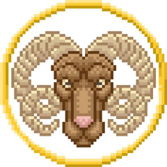 A zodiac horoscope or astrology Aries ram horned goat sign in a retro video game arcade 8 bit pixel art style