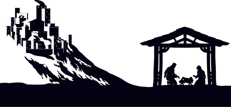 recommend clip art: A Christmas nativity scene with baby Jesus in the manger, wise men and city of Bethlehem in the background