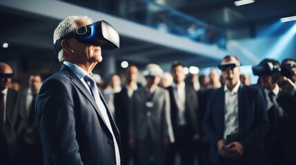 Vr experience senior business manager man attend meeting wearing vr virtual goggle glasses standing in autitorium convention hall with crowd of business people background