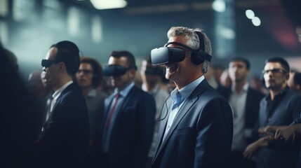 Vr experience senior business manager man attend meeting wearing vr virtual goggle glasses standing in autitorium convention hall with crowd of business people background