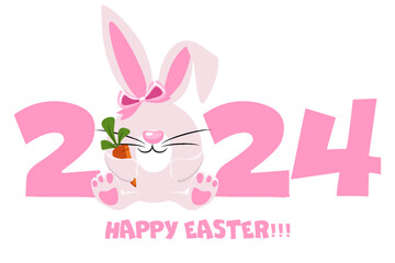 Happy Easter 2024, Cartoon Rabbit with carrot. Flat Cartoon Style