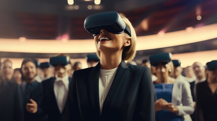 Vr experience senior business manager woman attend meeting wearing vr virtual goggle glasses standing in autitorium convention hall with crowd of business people background - obrazy, fototapety, plakaty