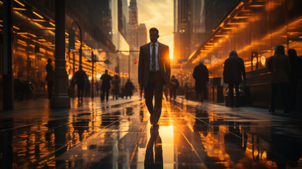 Blurred businessman walking in the city telephoto lens morning light , generative ai. - obrazy, fototapety, plakaty