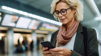 Cercles muraux Ancien avion A middle aged Caucasian blonde woman eyeglasses in front of an information board at the airport. She checking online check-in via a smartphone app.�Photo with copy space