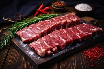 Fototapeta premium Raw pork ribs are laid out on a cutting board