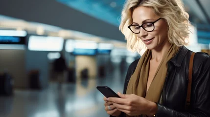 Cercles muraux Ancien avion A middle aged Caucasian blonde woman eyeglasses in front of an information board at the airport. She checking online check-in via a smartphone app.�Photo with copy space