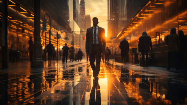 Fototapeta Blurred businessman walking in the city telephoto lens morning light , generative ai.