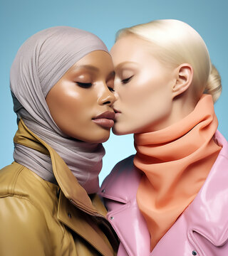 Dos mujeres de diferente raza , una rubia y otra negra con pañuelo sobre la cabeza tocándose con las caras sobre fondo azul demostrando amor