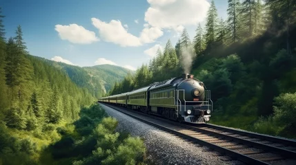 Deurstickers A young wSuburban passenger train. A locomotive pulls a passenger train along a winding road among the summer forest and mountains. Picturesque scenery and train travel © Usman