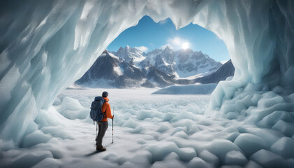 Adventure Amidst the Ice: Hiker in a Canadian Rockies Ice Cave - obrazy, fototapety, plakaty