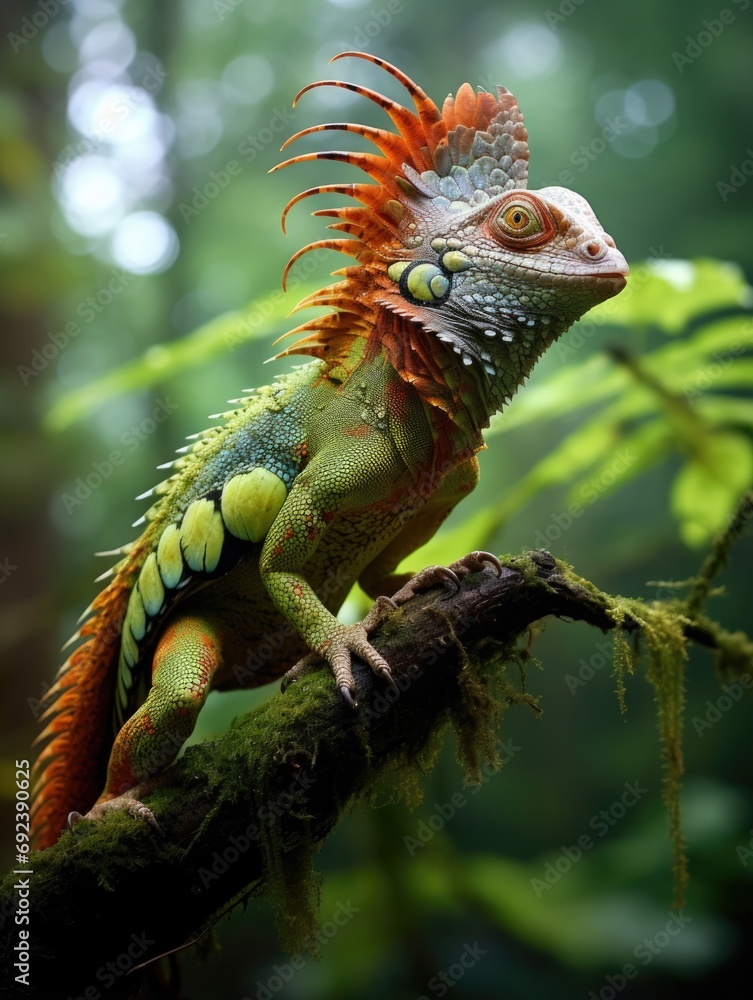 Poster an iguana with a colorful head and tail. generative ai.