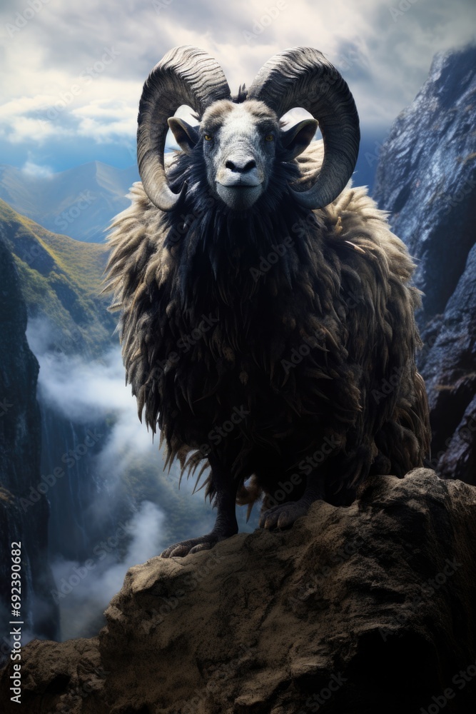Poster a ram standing on a rock in front of a mountain. generative ai.