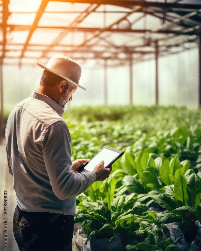 Poster man in hat using tablet in greenhouse. generative ai.