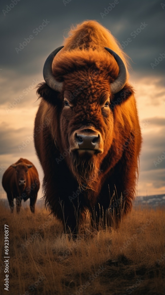 Poster a bison is standing in the middle of a field. generative ai.