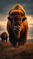 A bison is standing in the middle of a field. Generative AI.