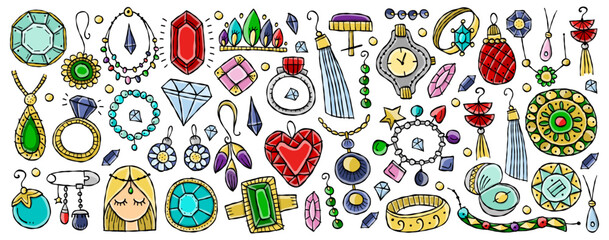 Jewelry fashion accessories of gemstones, gold or diamonds. Rings and earrings, stones, necklaces and pendants