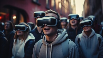 Dependence of people on the virtual world and entertainment. A lot of people on the street in virtual reality glasses. The digitalization of society is like a virus