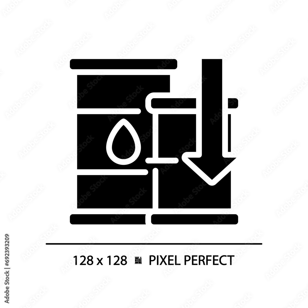 Wall mural 2d pixel perfect glyph style falling oil prices icon, solid isolated vector, simple silhouette illus