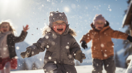 Happy, active and cheerful children indulge and play with snow and snowballs from a snowy slope at a ski resort.