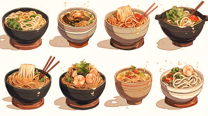 Vessels containing udon noodles 