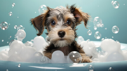 Puppy, bath and bubbly bliss for adorable cleanliness and joyful pampering. Wet fur, playful bubbles and gentle care. This scene is perfect for pet grooming services, care blogs and heartwarming visu - obrazy, fototapety, plakaty