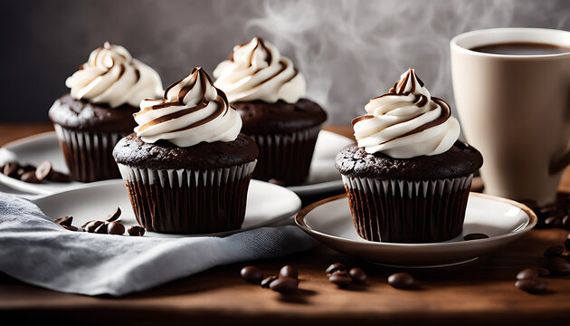 Chocolate cupcakes topped with white frosting sit on a tablecloth alongside coffee cups and a bowl of powdered sugar, creating a cozy setting for enjoying a sweet treat