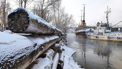 Ships on the Yenisei River in winter. frosts