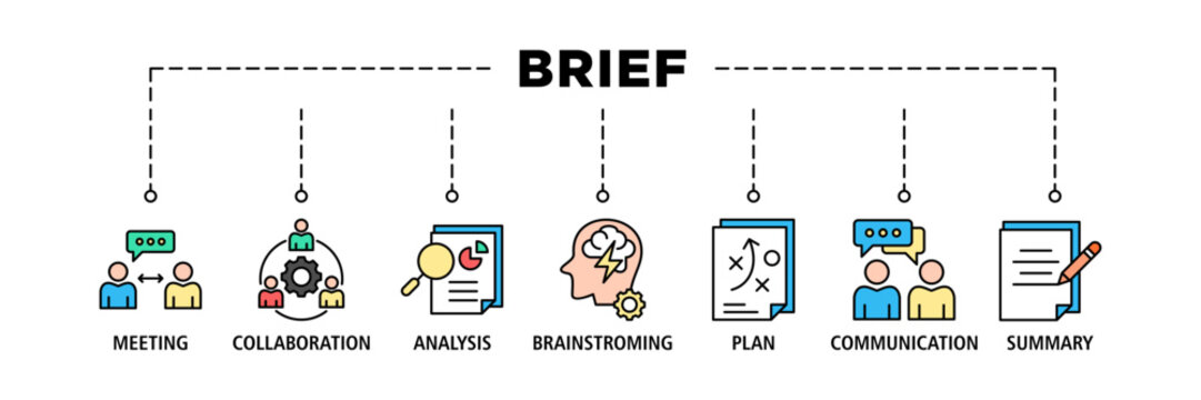 Brief banner web icon set vector illustration concept for a briefing of business plan with an icon of meeting, collaboration, analysis, brainstorming, plan, communication, and summary