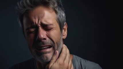 Middle aged Caucasian man on dark grey background touching her face and closing eyes with expression of horrible suffer from health problem and aching tooth,�showing dissatisfaction - obrazy, fototapety, plakaty