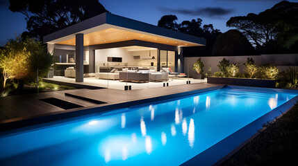 Fototapeta na wymiar night-time swimming pool, modern australian home